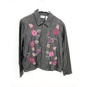 Womens Breckenridge Gray Denim Front Zip Jacket Floral Embroidered Size PL